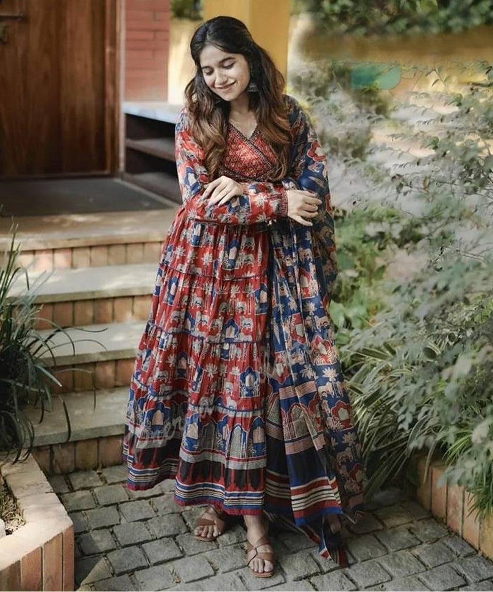 Brown Printed Cotton Kurta Pant with Dupatta