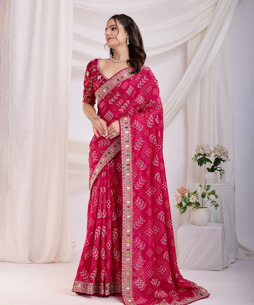 Pink Bandhani Print Saree with Embroidered Border Detailing