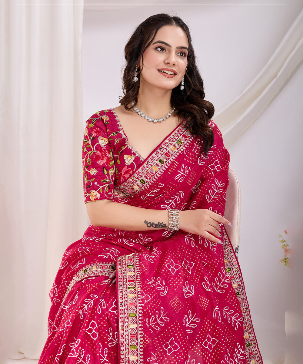 Pink Bandhani Print Saree with Embroidered Border Detailing