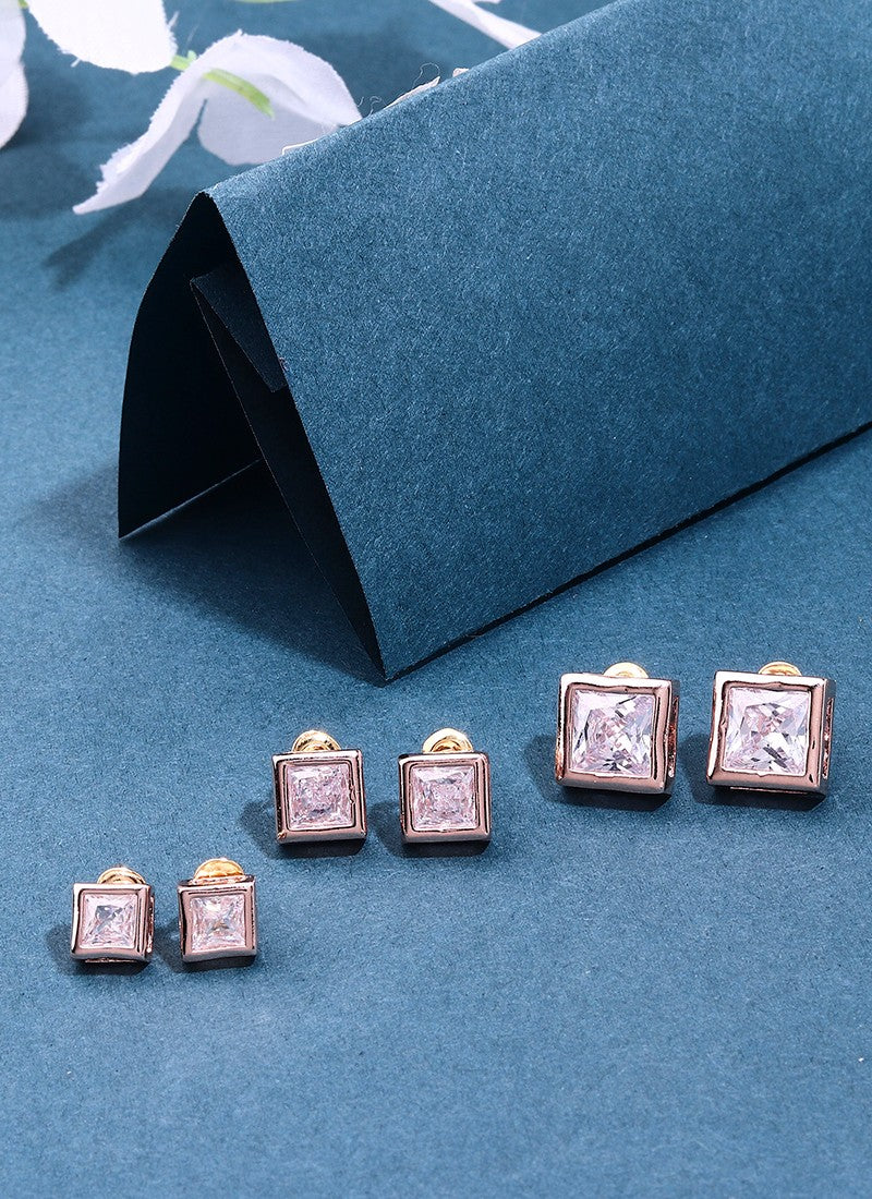 3 Sets of Square Earrings In American Diamond