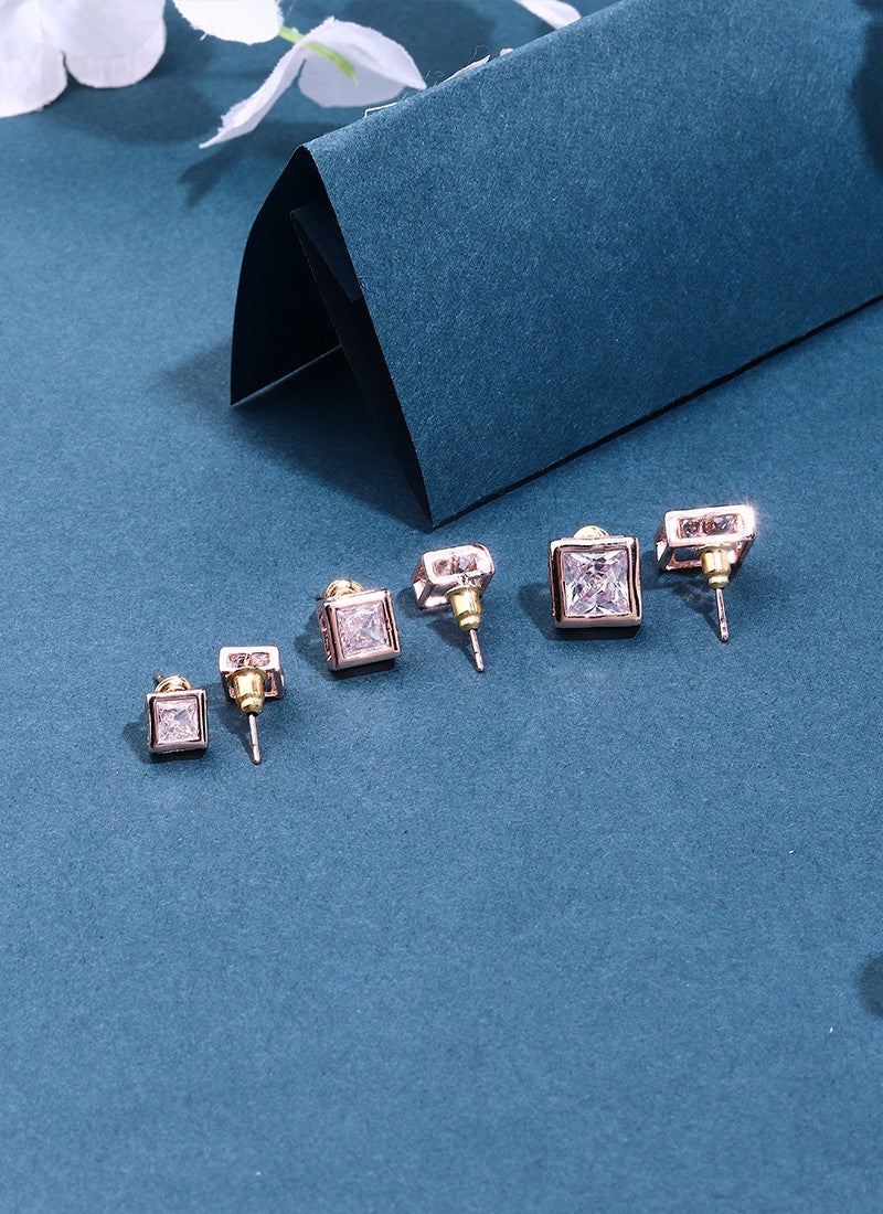 3 Sets of Square Earrings In American Diamond