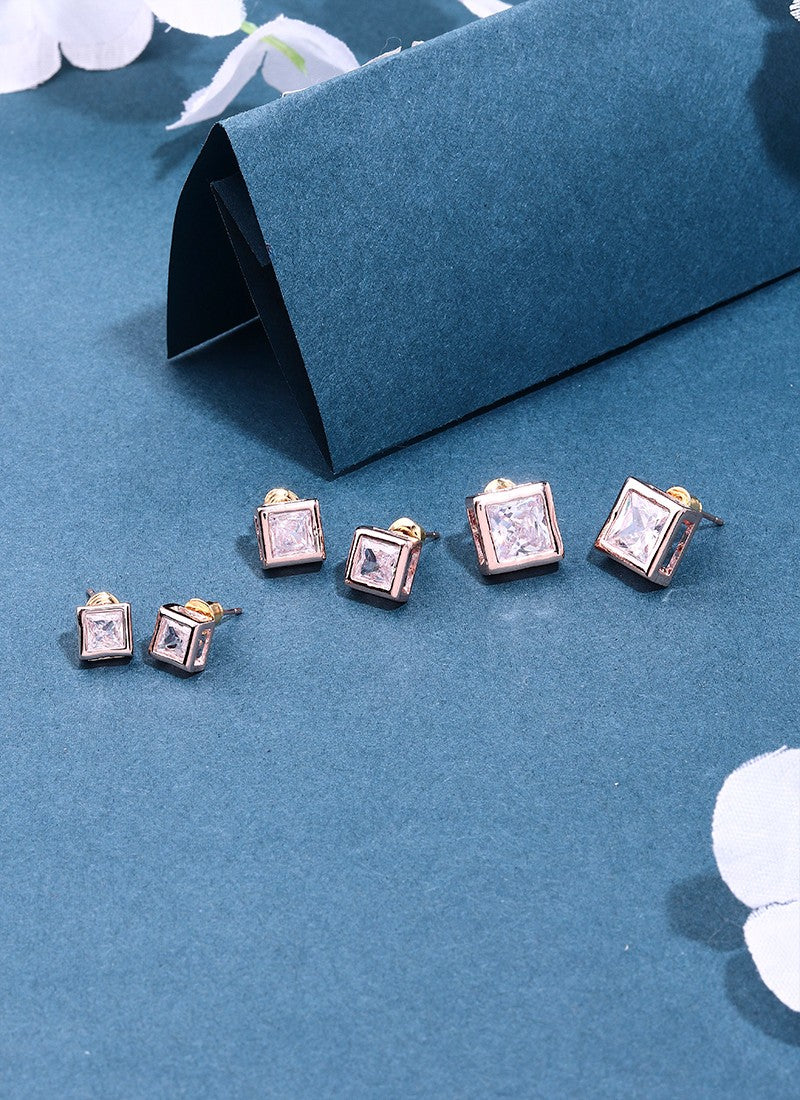 3 Sets of Square Earrings In American Diamond