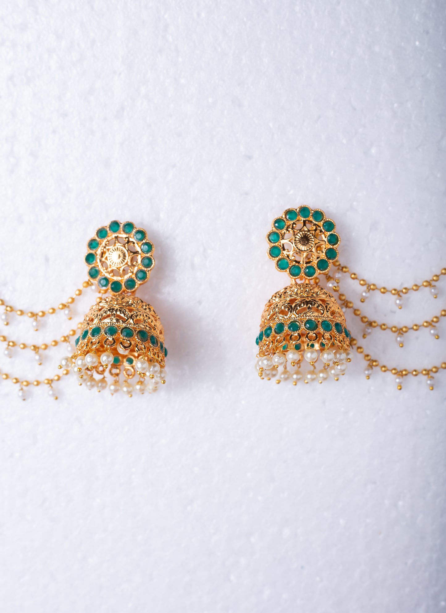 Gold-Plated Jhumki with Green Stone and Pearl Drop Ear Chains