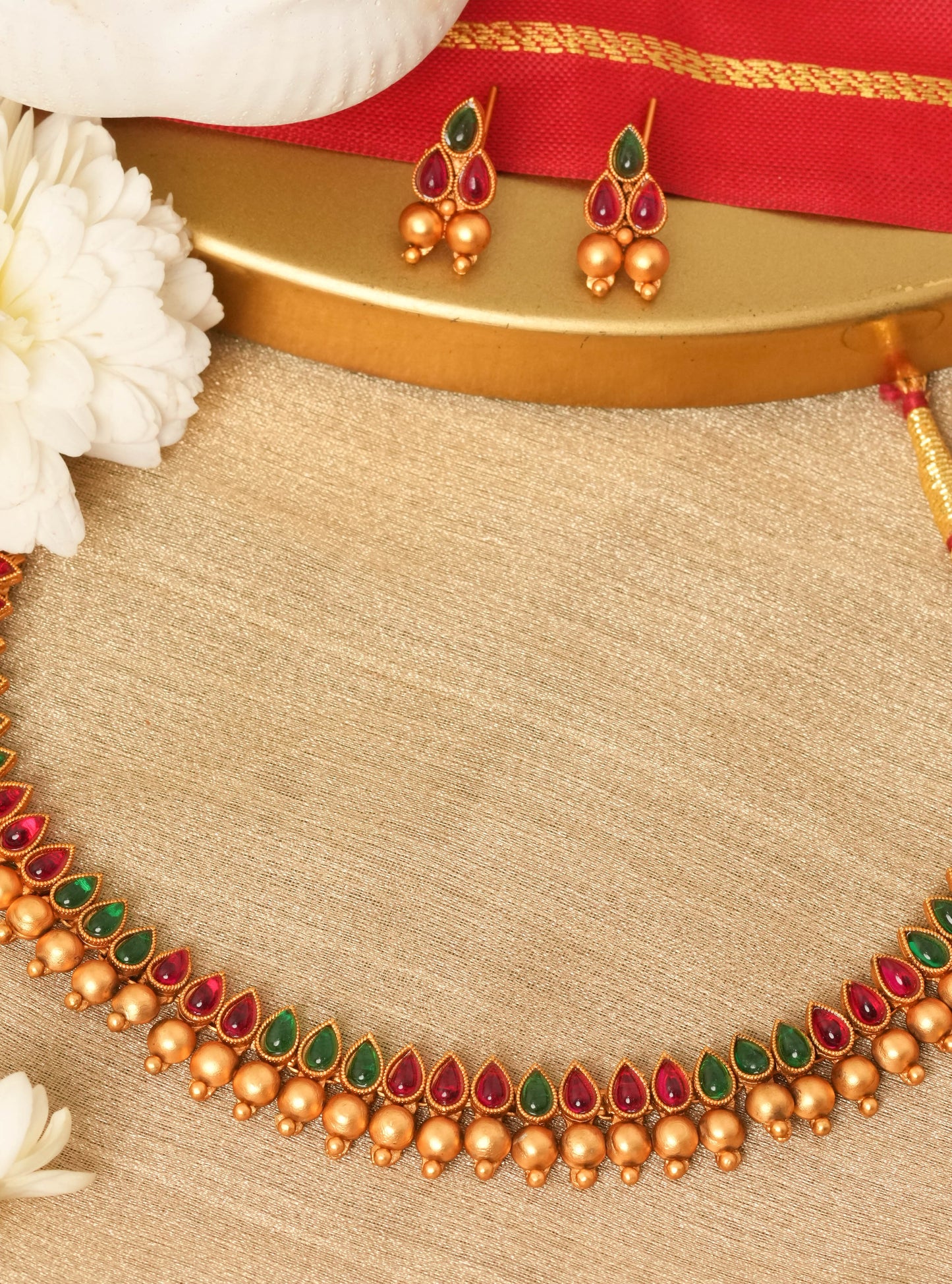 Multicoloured Necklace Set with Red & Green Stones