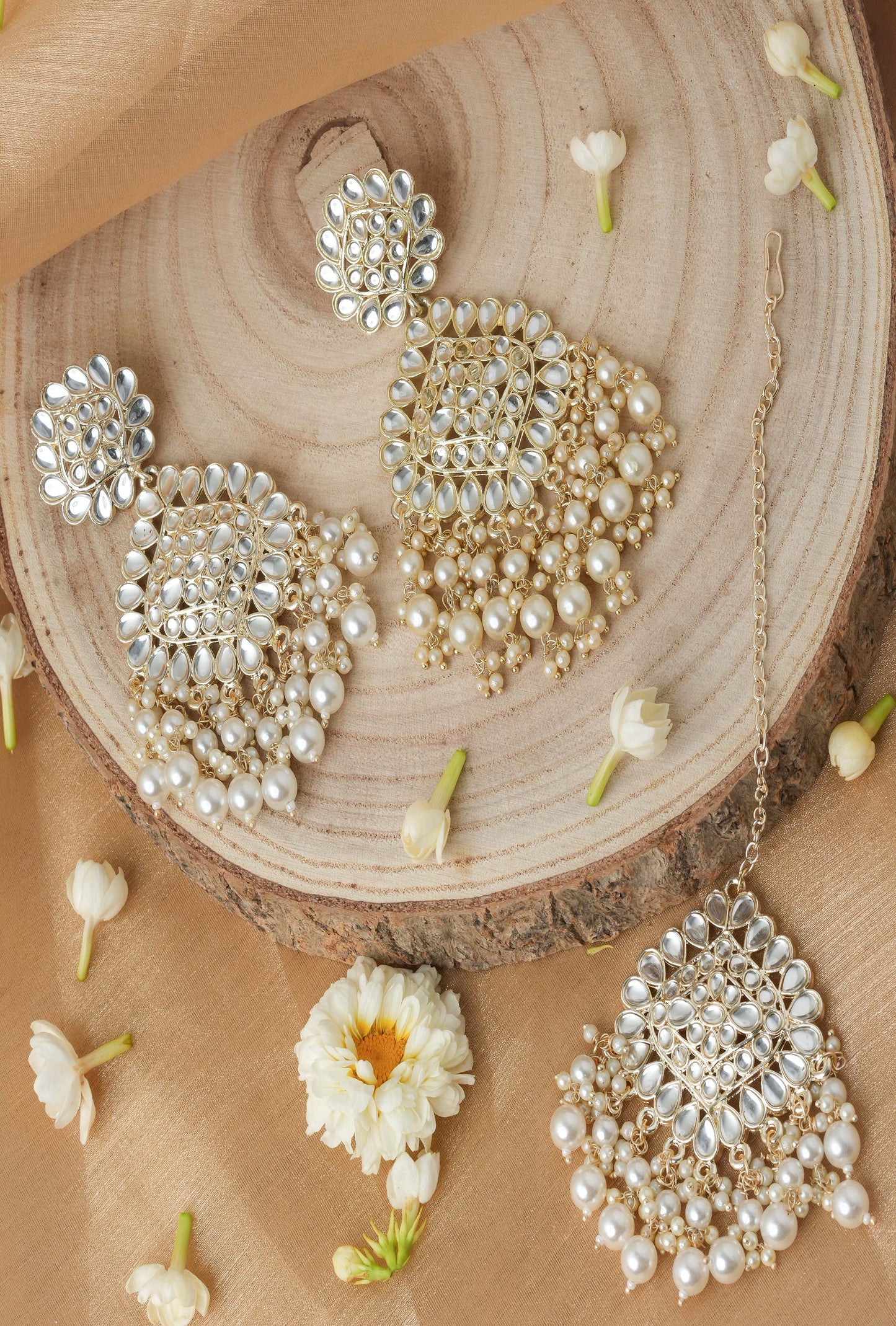 White Gold Plated Earrings and Maang Tikka Set