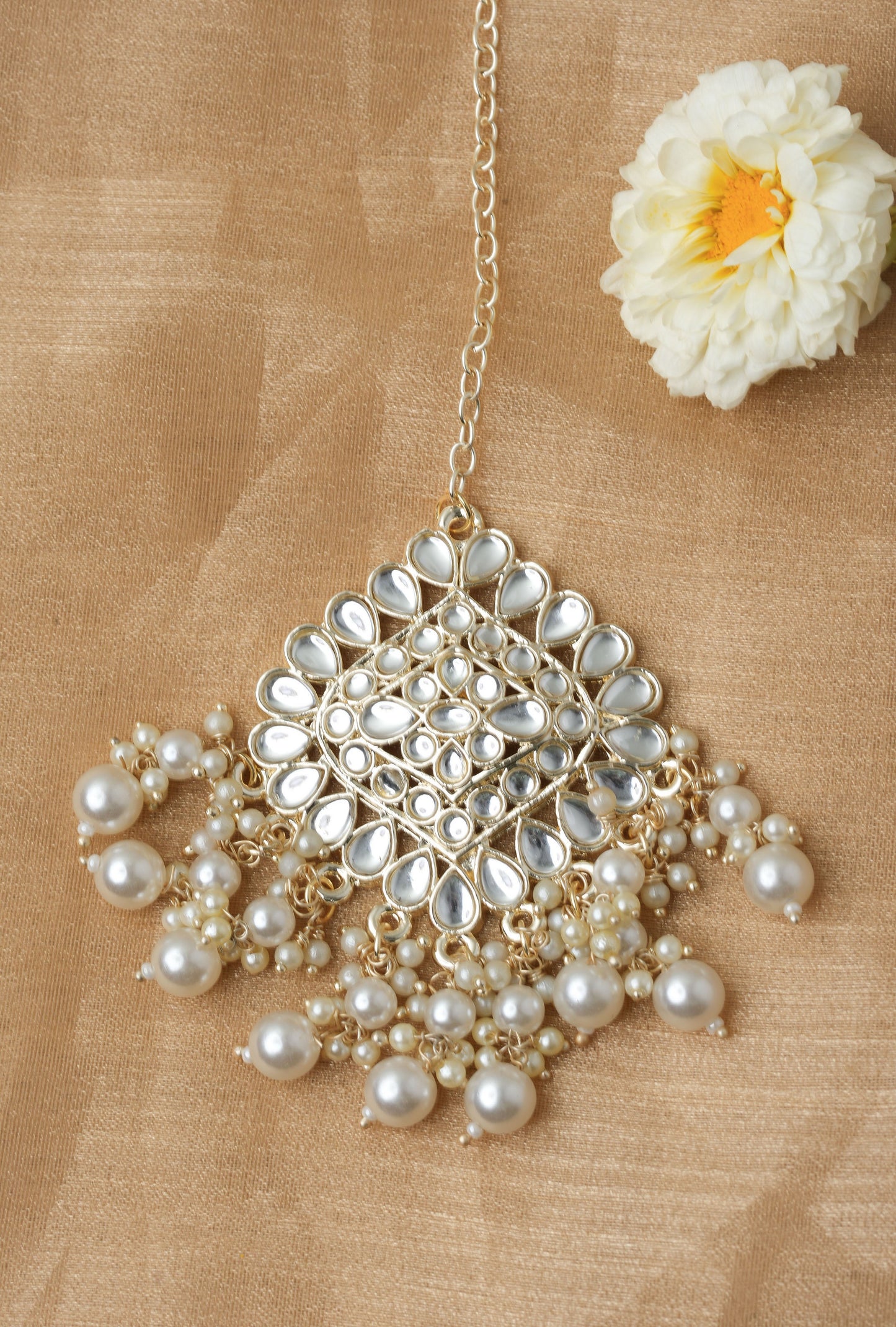 White Gold Plated Earrings and Maang Tikka Set