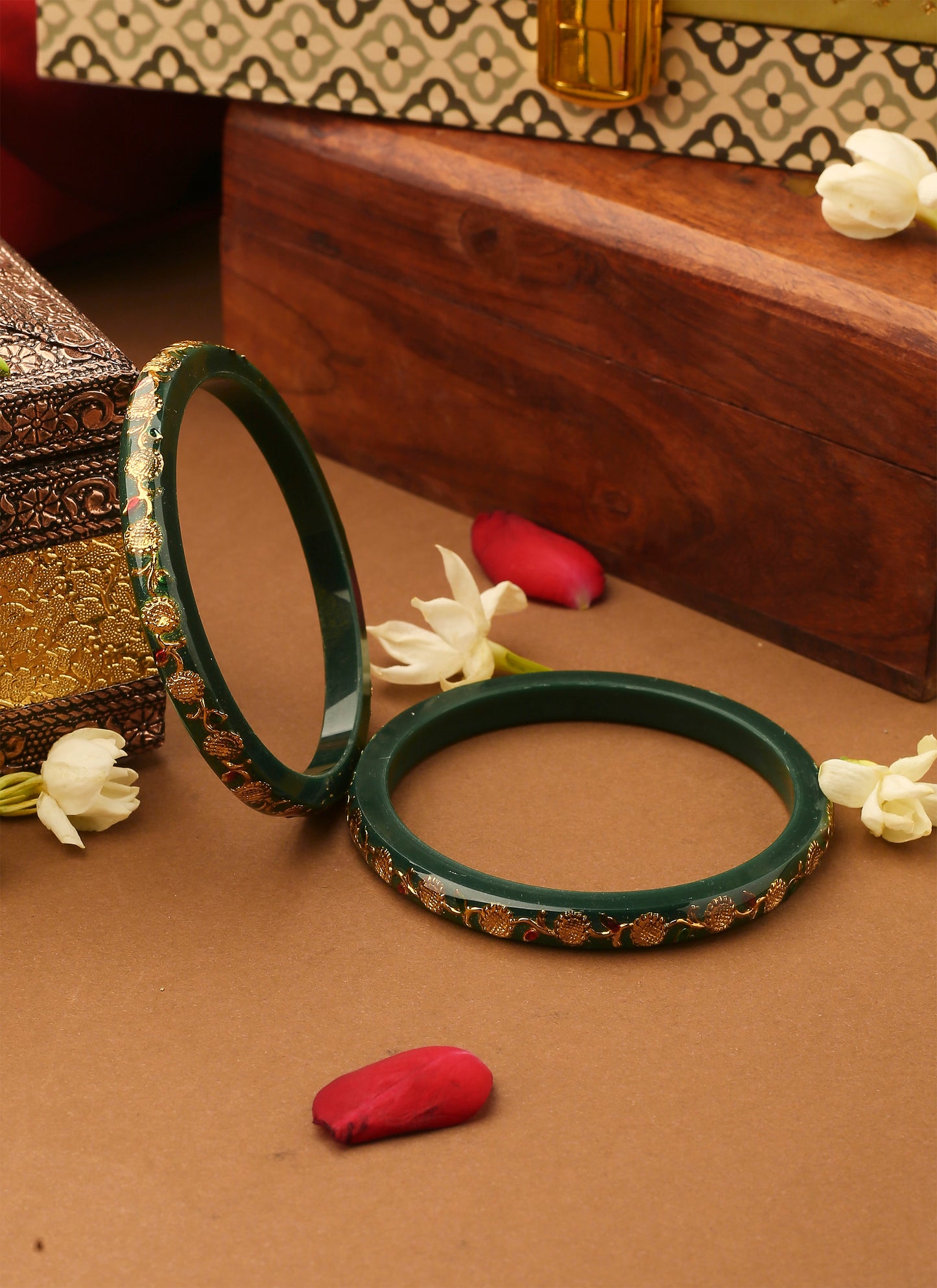 Set of 2 Floral Bangles With Golden Leaves