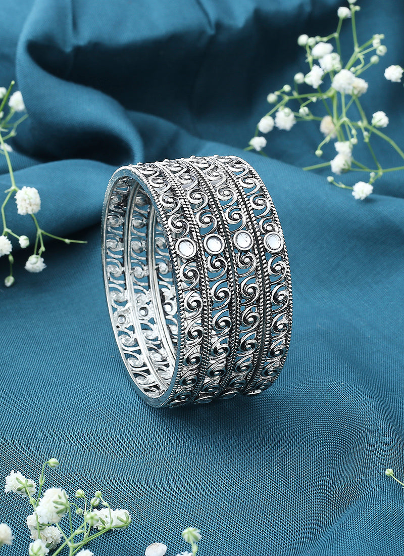 Set of 4 Oxidised Bangles With White Stones