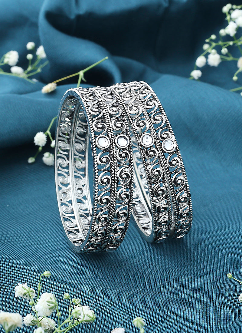 Set of 4 Oxidised Bangles With White Stones