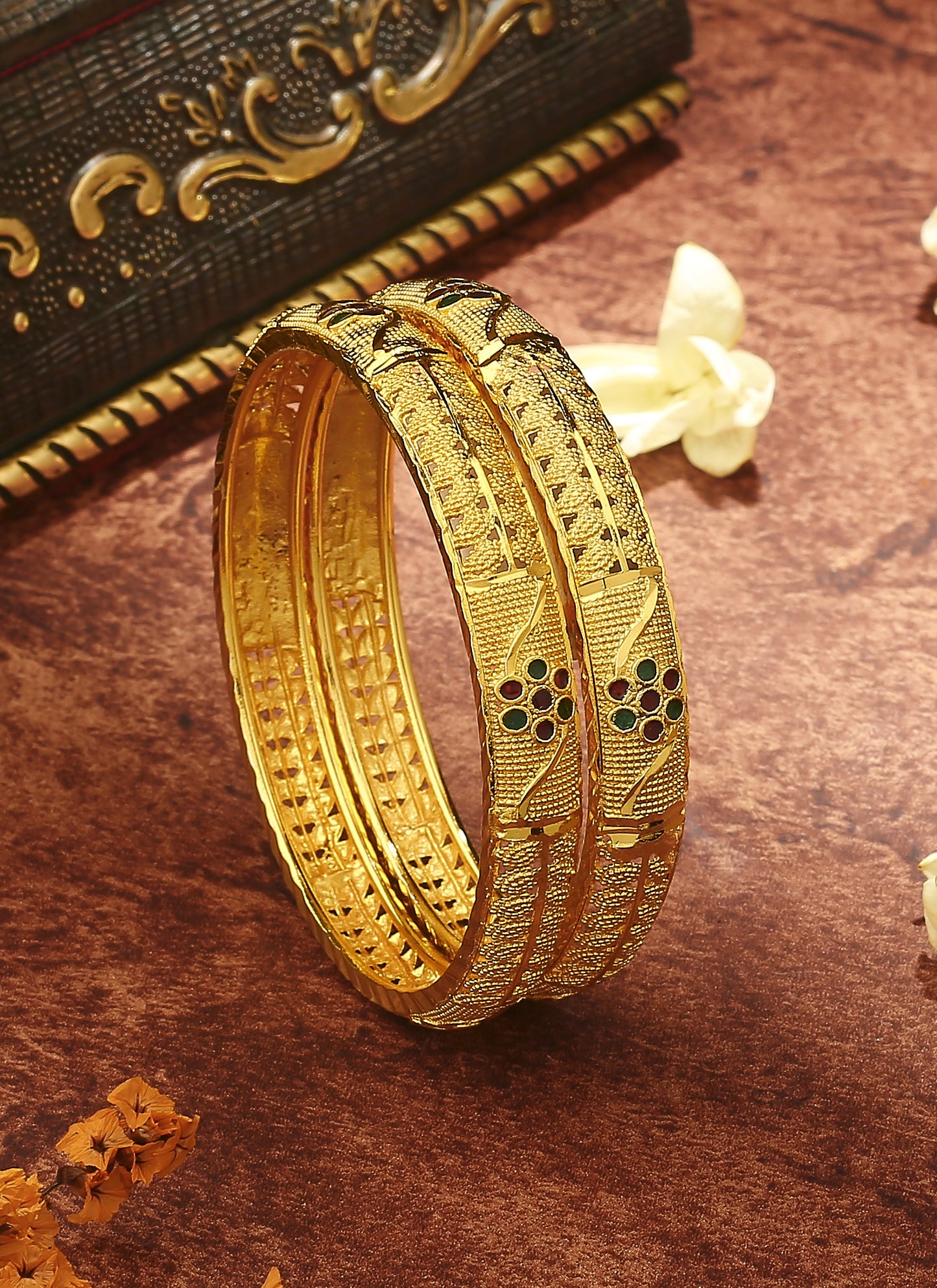 Floral Gold Plated Bangles For Women In Set of 2