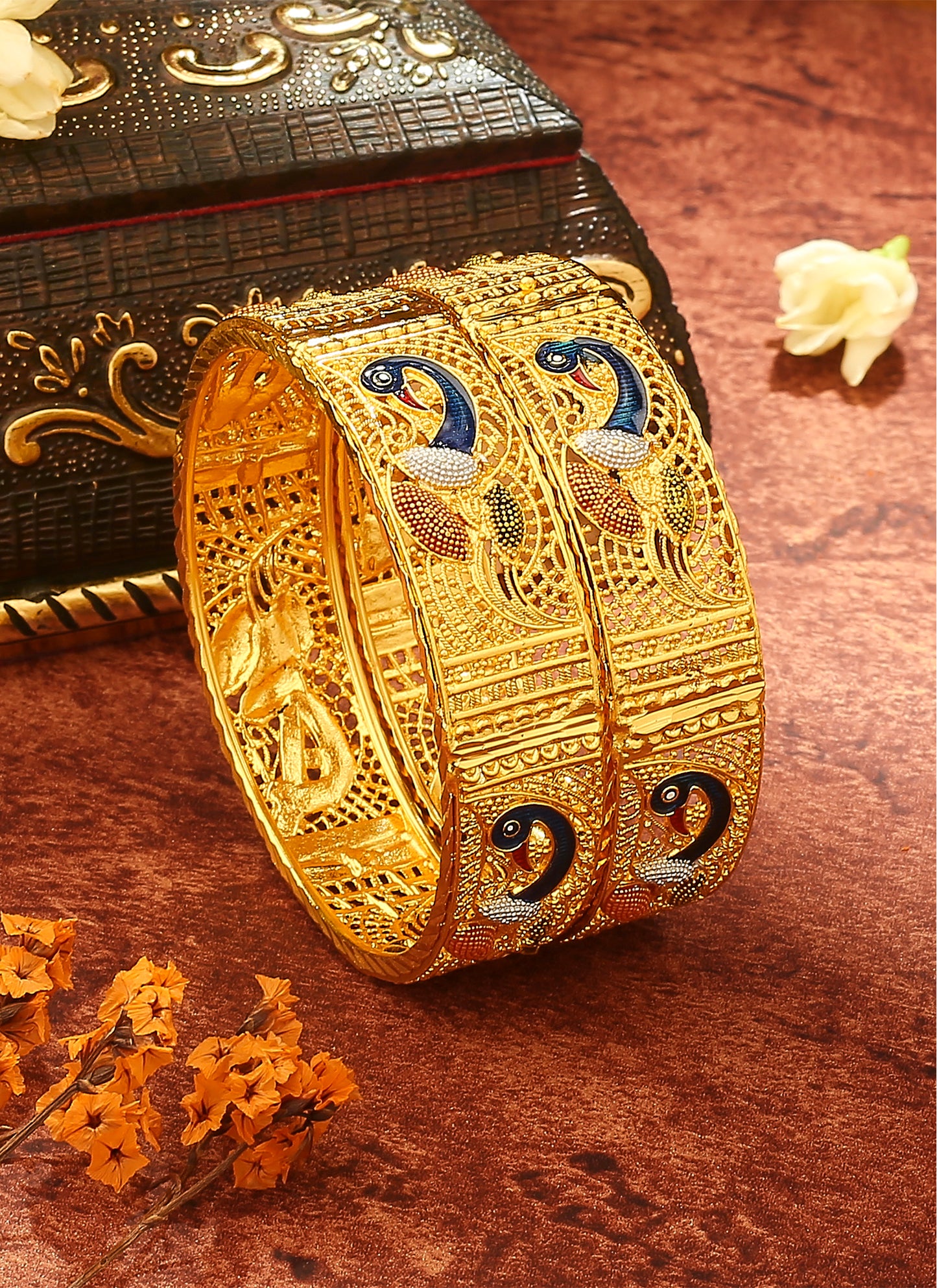 Peacock Motif Gold-Plated Bangles