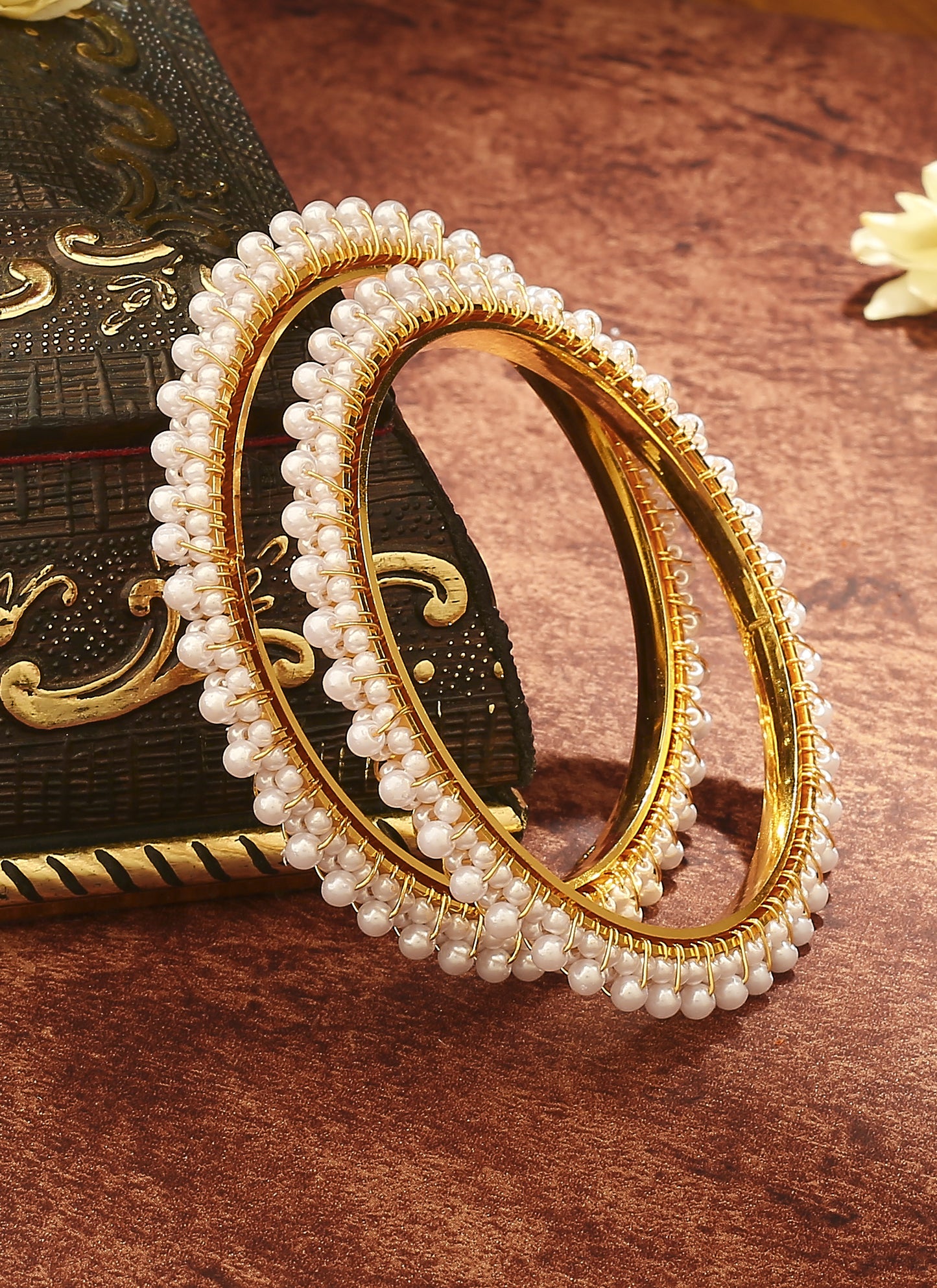 White and Gold Beaded Bangles