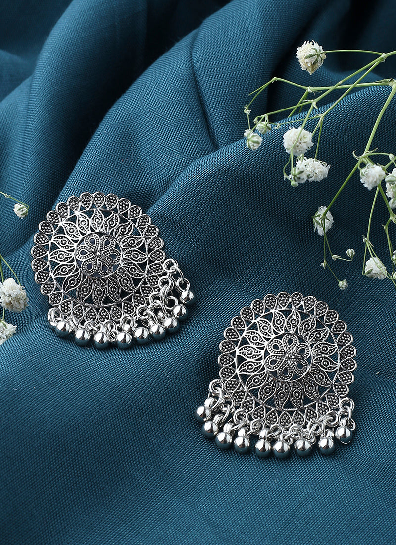 Oxidised Earring With Hanging Beads