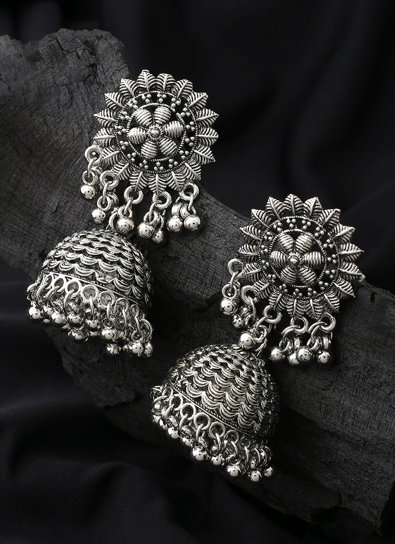 Long Oxidised Floral Shaped Earrings