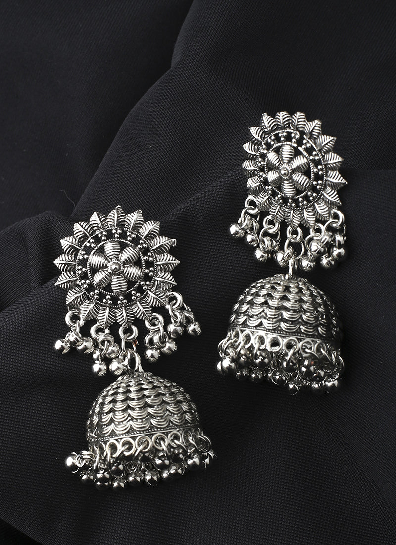 Long Oxidised Floral Shaped Earrings