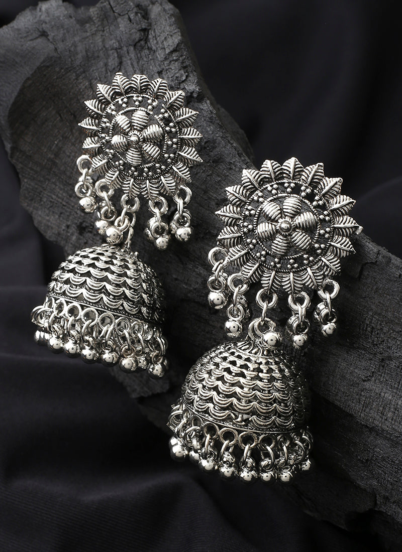 Long Oxidised Floral Shaped Earrings