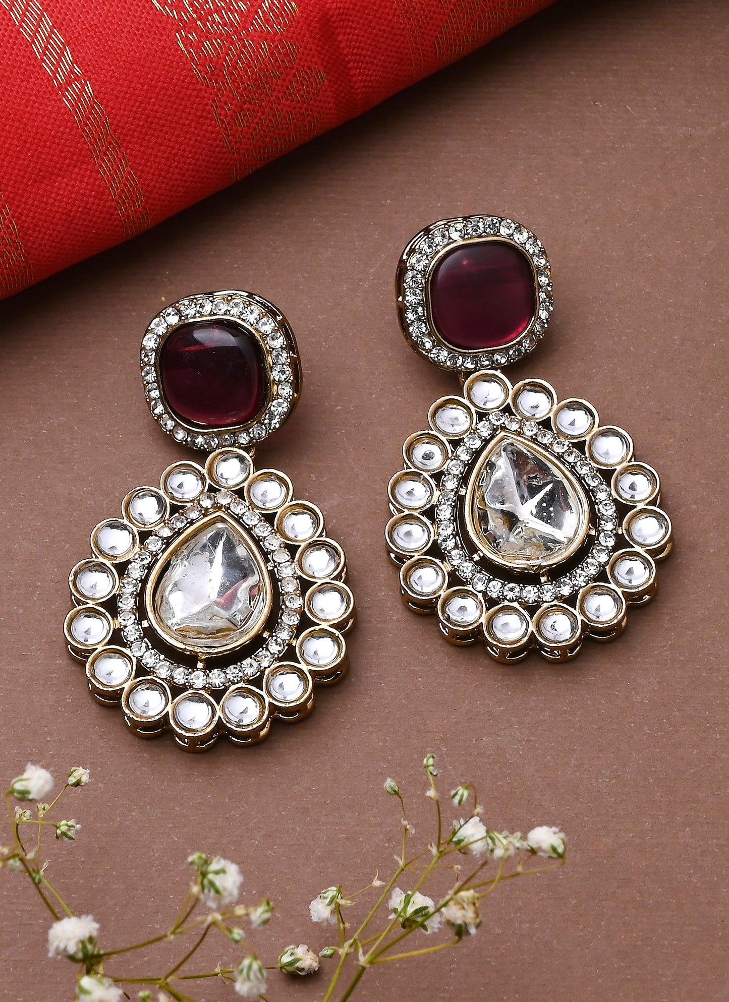 White Gold Kundan Earrings With Pink Stone