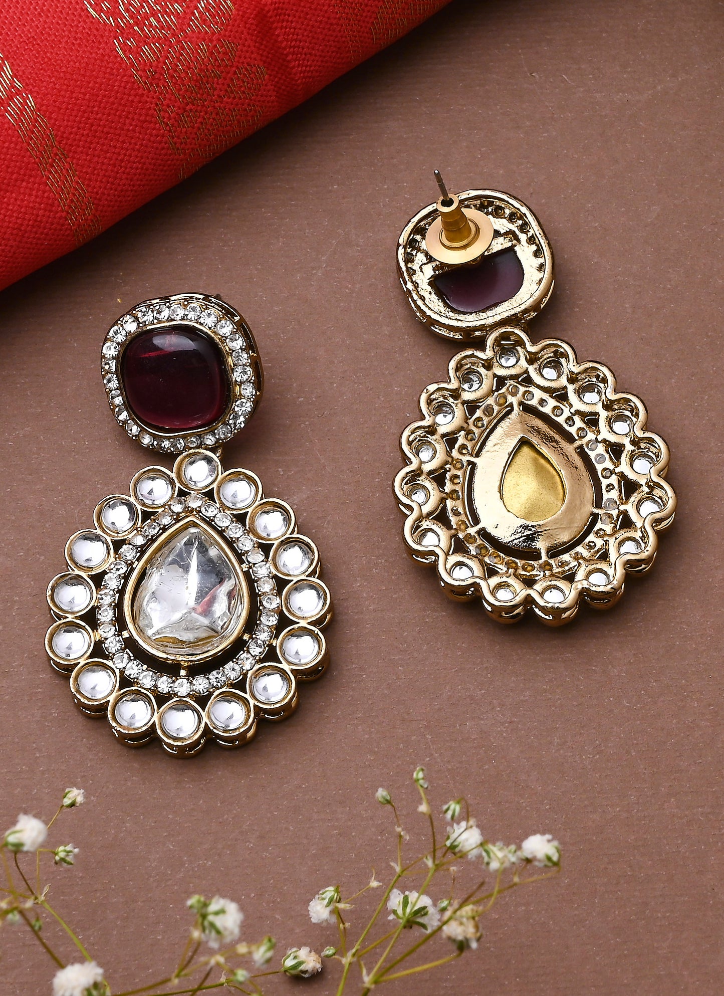 White Gold Kundan Earrings With Pink Stone