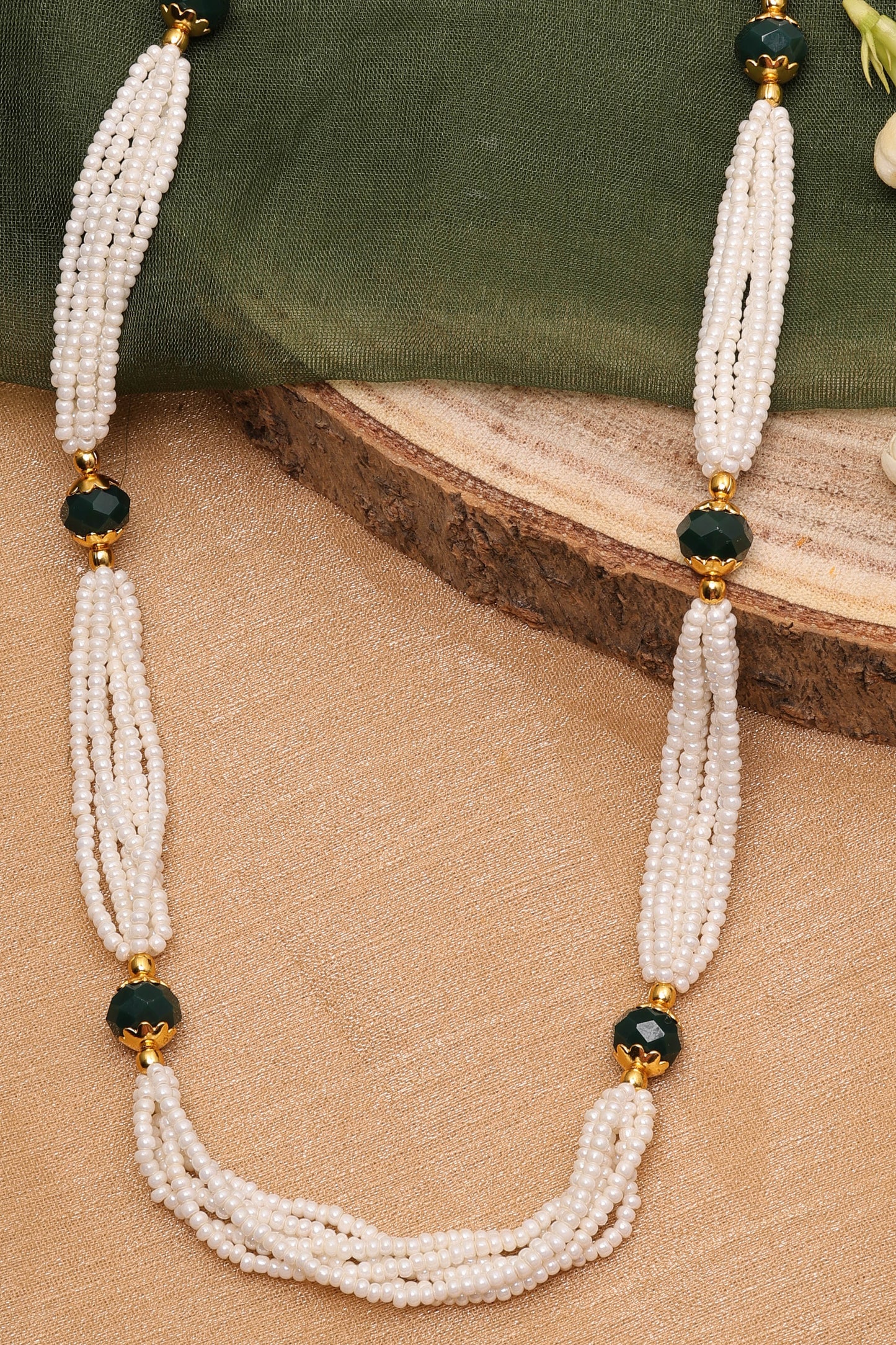 Necklace with White Beads and Green Stones