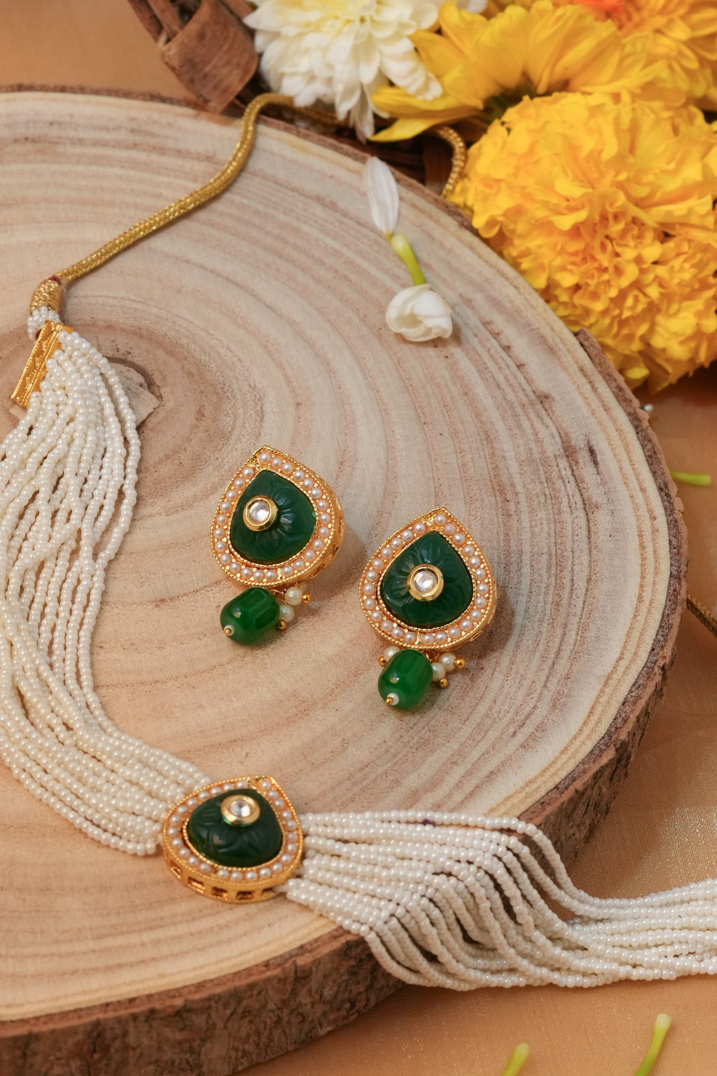 White Pearl Choker Set with Green Drop Pendant