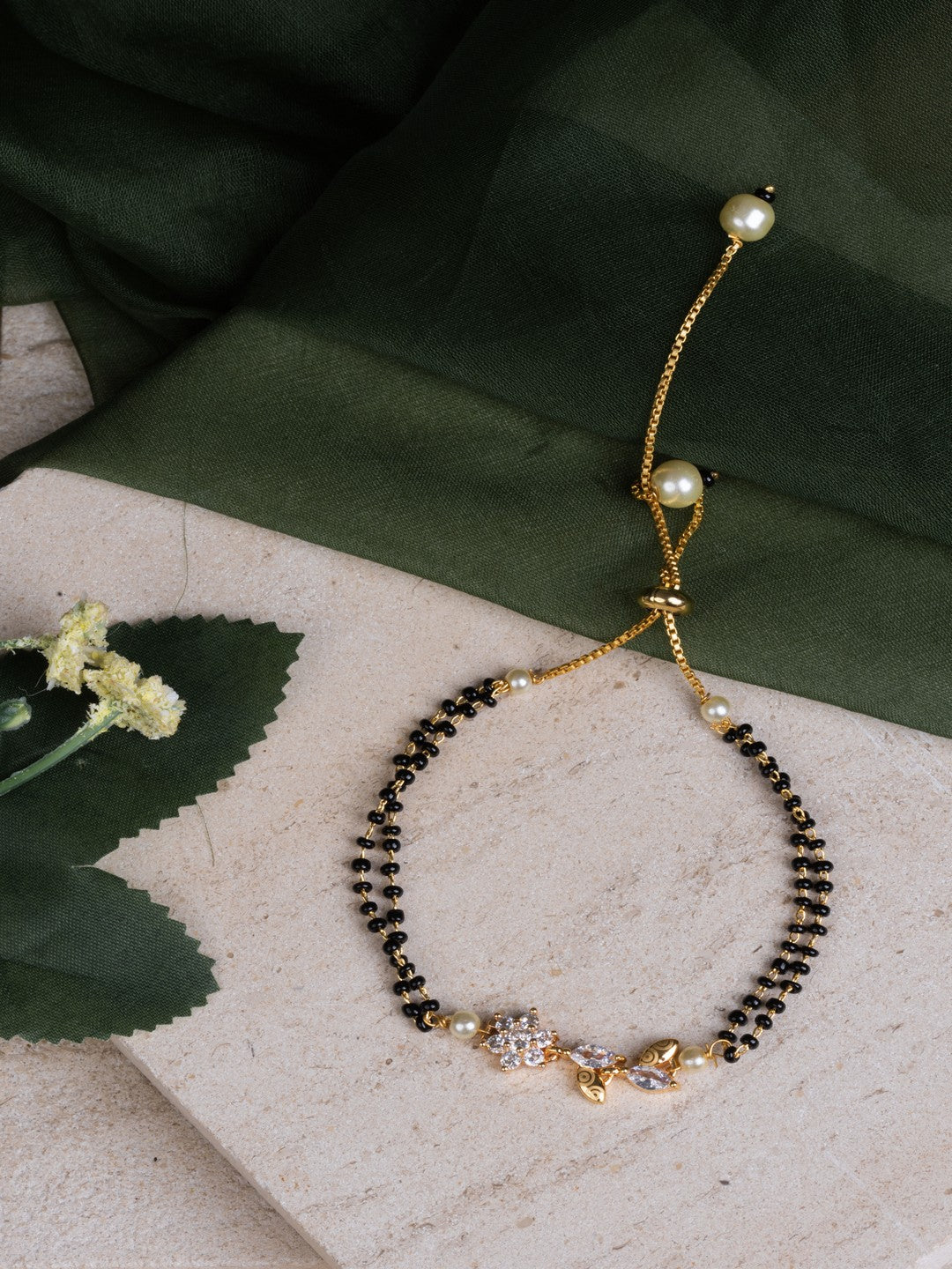 Black and Gold CZ Encrusted Hand Mangalsutra Bracelet