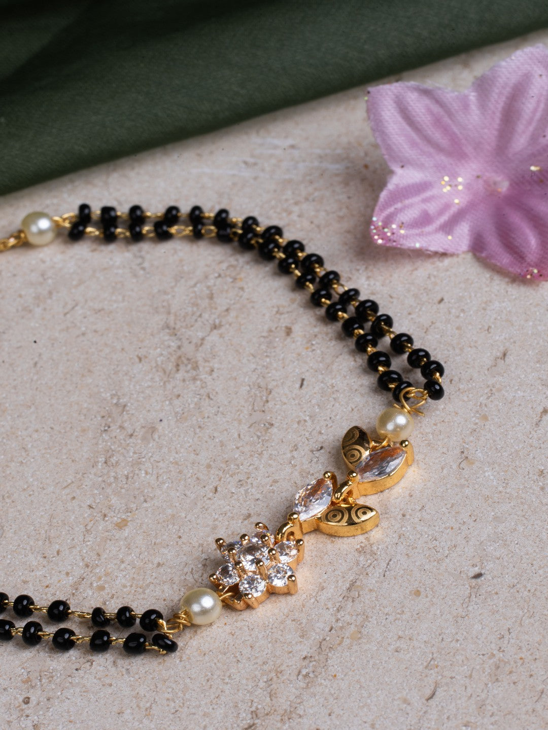 Black and Gold CZ Encrusted Hand Mangalsutra Bracelet