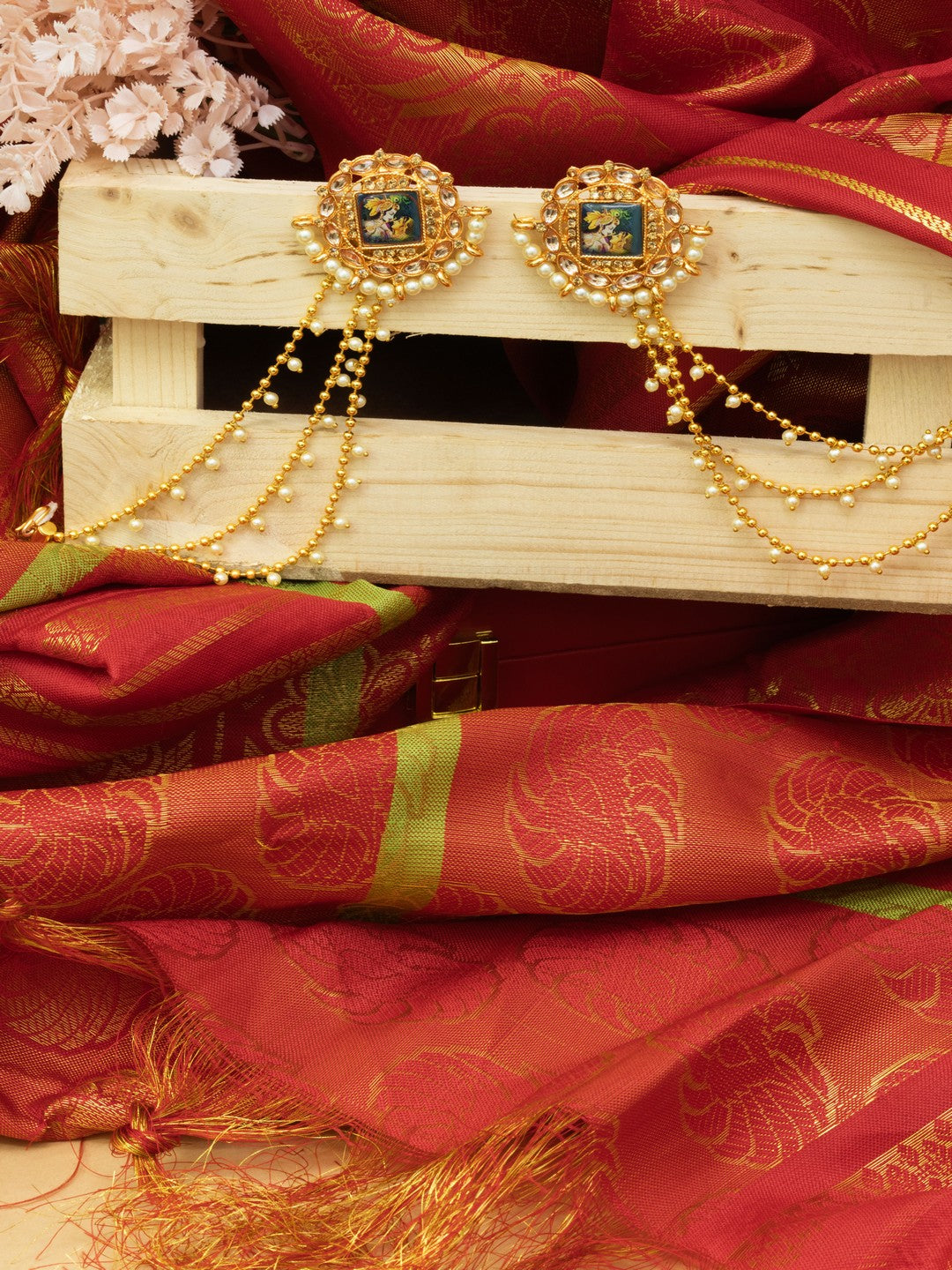 Festive Gold and White Kundan Bahubali Earrings with Radhe Krishna Motif