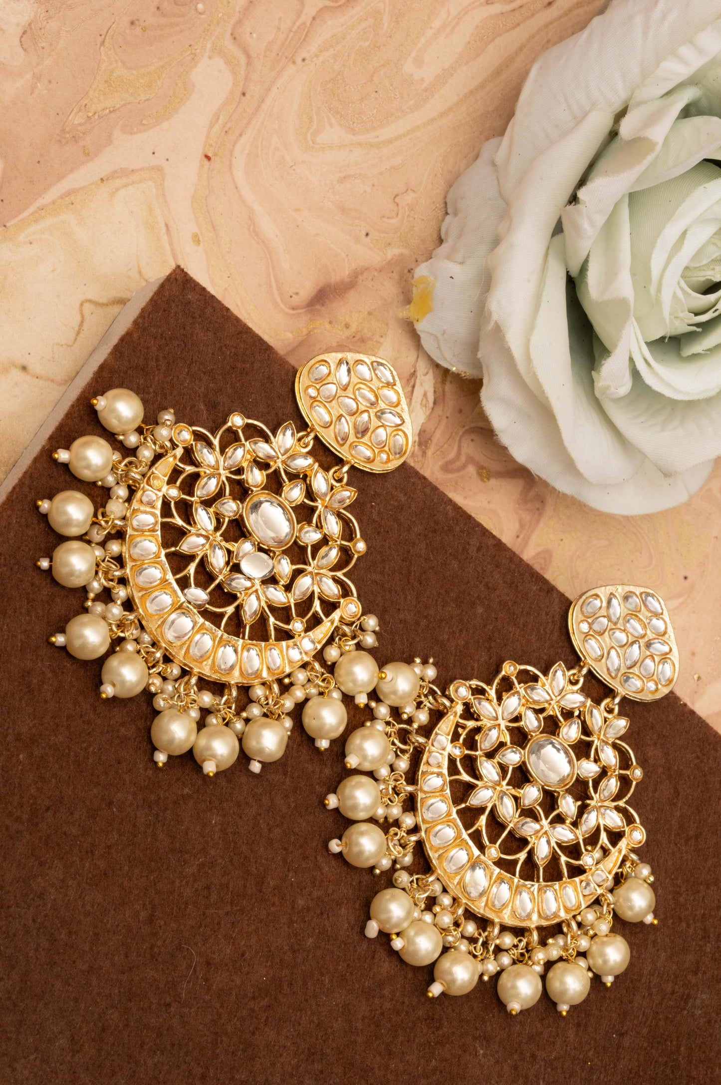 Embellished Gold Chandbalis with Off White Kundan Drops