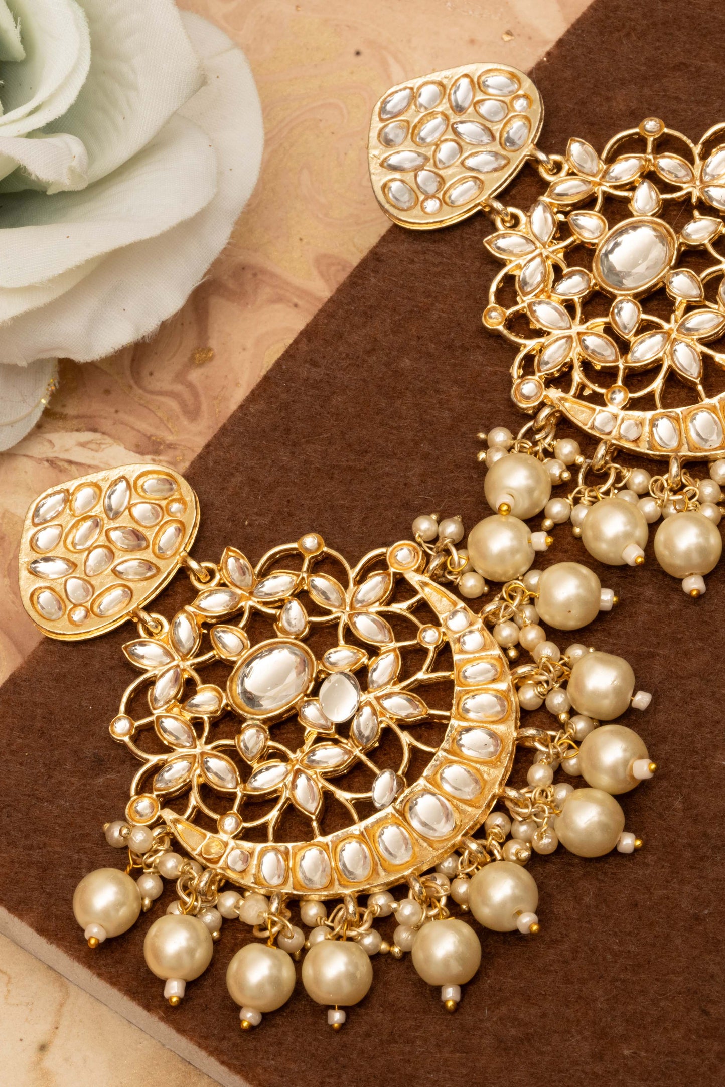 Embellished Gold Chandbalis with Off White Kundan Drops