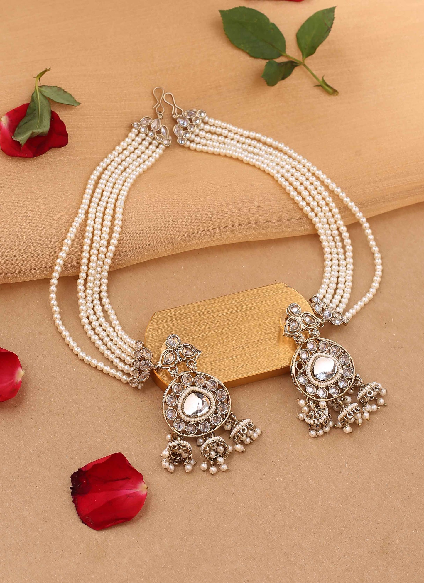 Kundan earrings with pearl ear chain