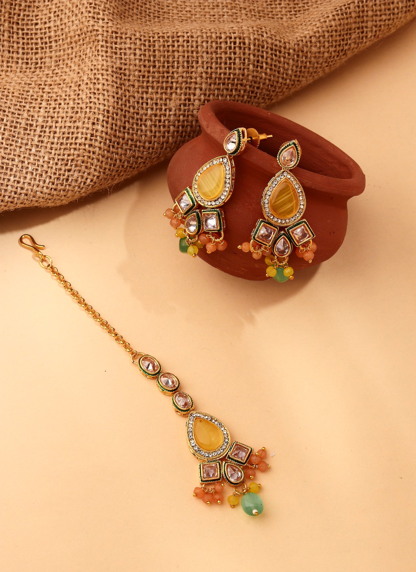 Multicolored Necklace Set with Earrings and Maang Tikka