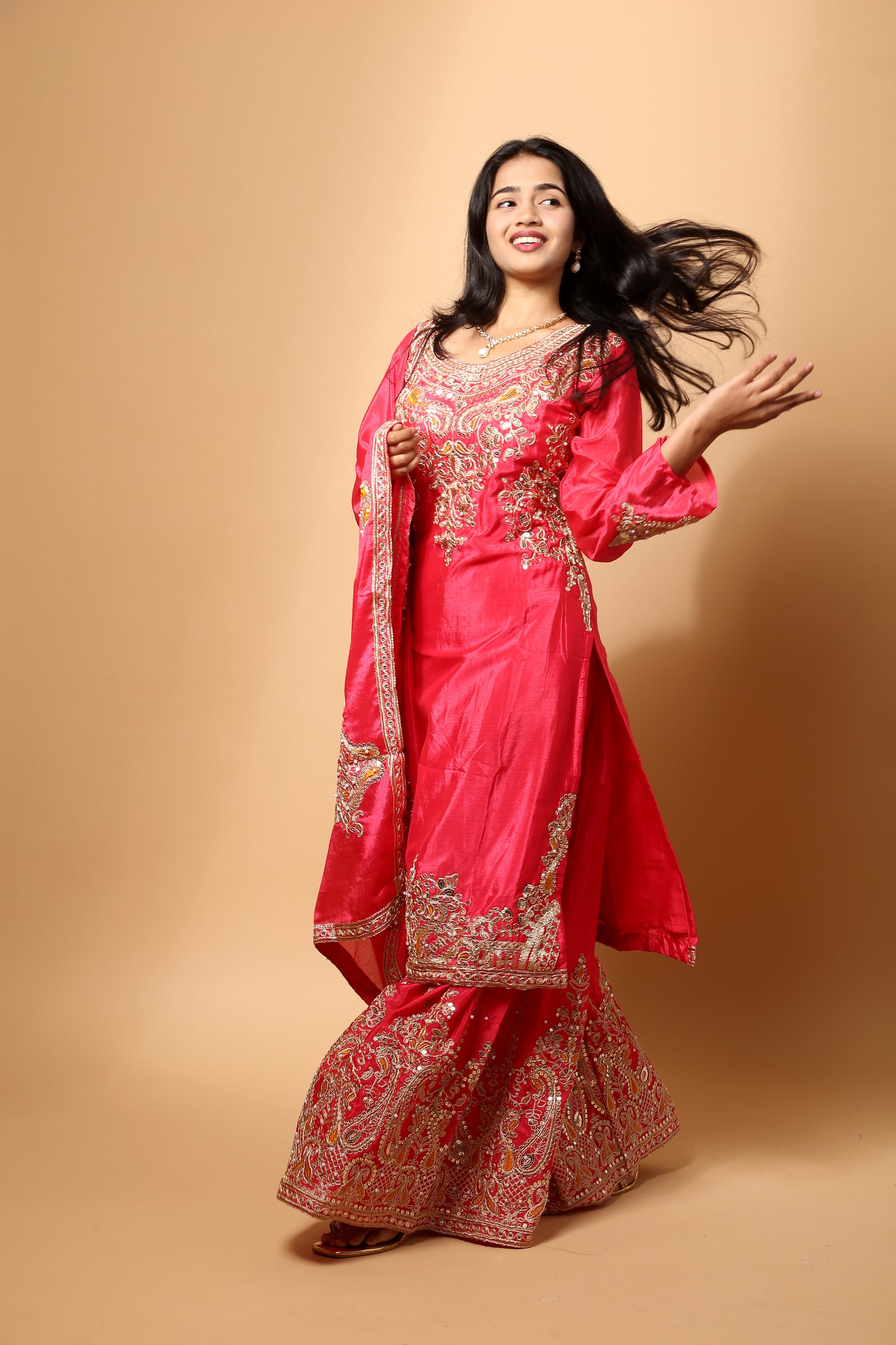 Pink Chinnon Silk Heavy Embroidery Sequins Work Kurta Set with Dupatta