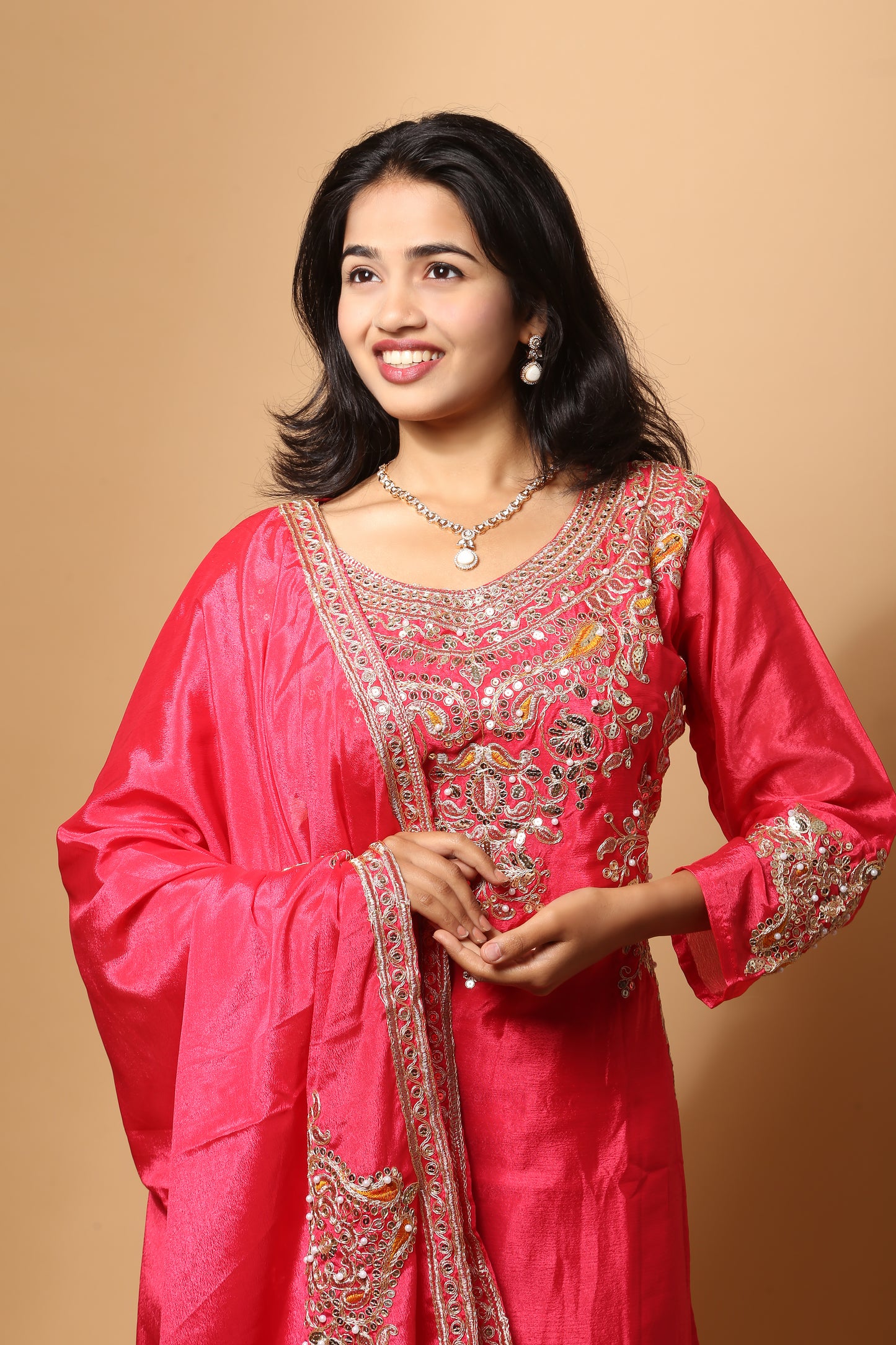 Pink Chinnon Silk Heavy Embroidery Sequins Work Kurta Set with Dupatta