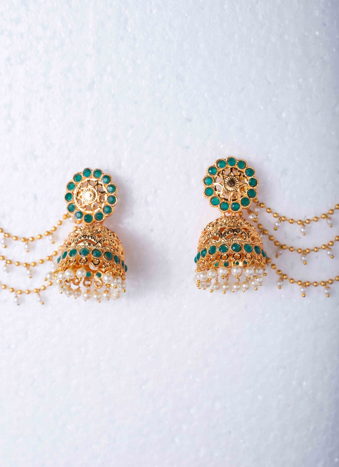 Gold-Plated Jhumki with Green Stone and Pearl Drop Ear Chains