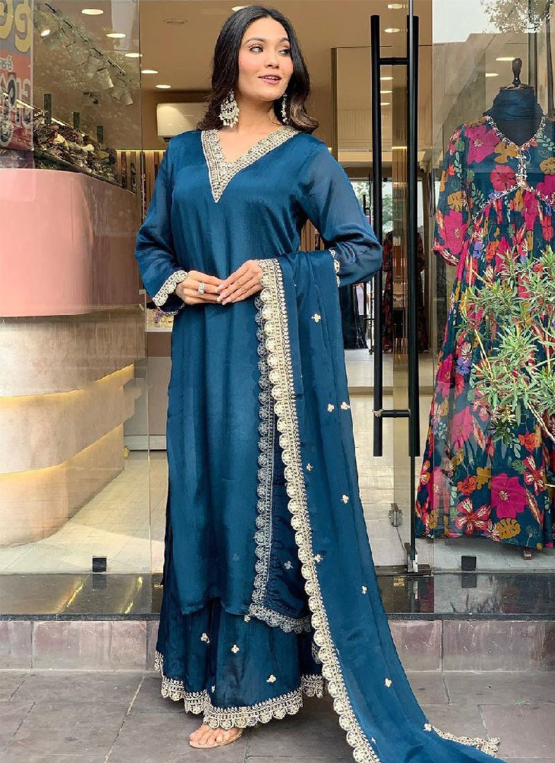 Blue Silk Embroidered Kurta with Pant and Dupatta