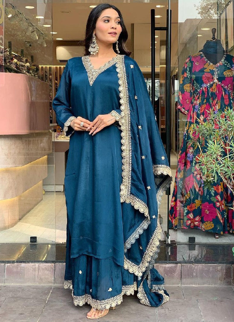 Blue Silk Embroidered Kurta with Pant and Dupatta
