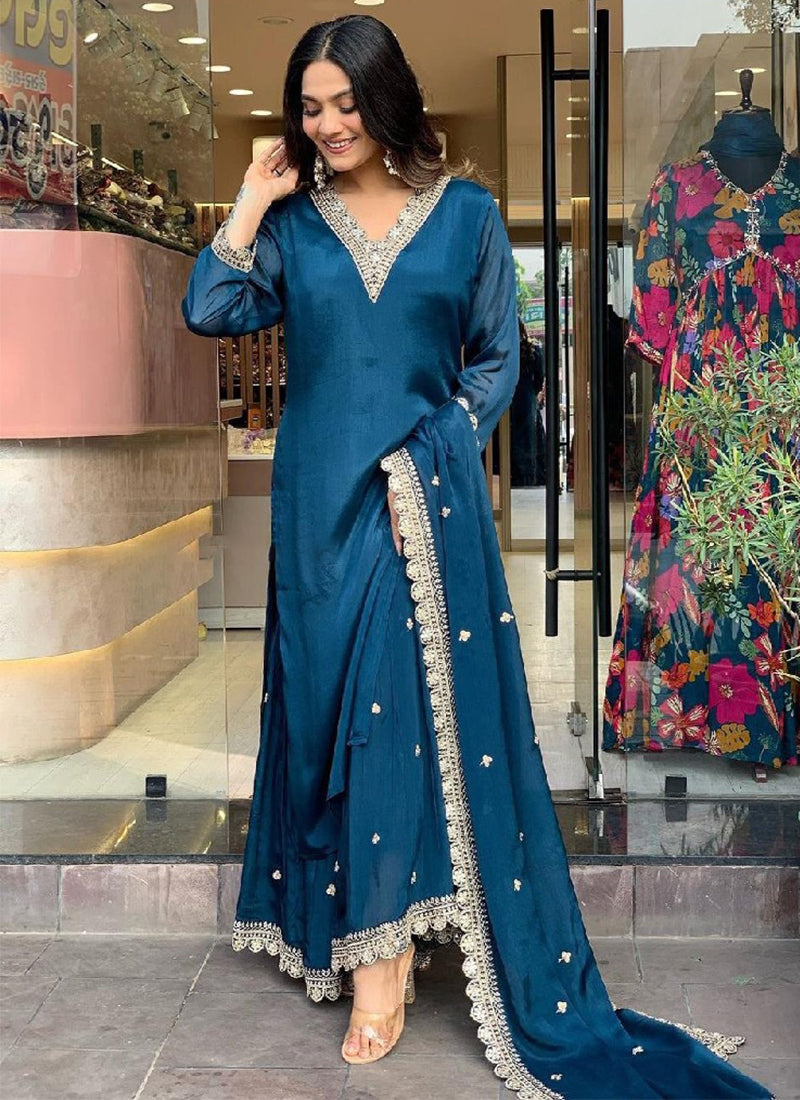 Blue Silk Embroidered Kurta with Pant and Dupatta