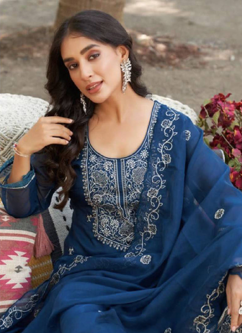 Blue Organza Embroidered Kurta with Pant and Dupatta