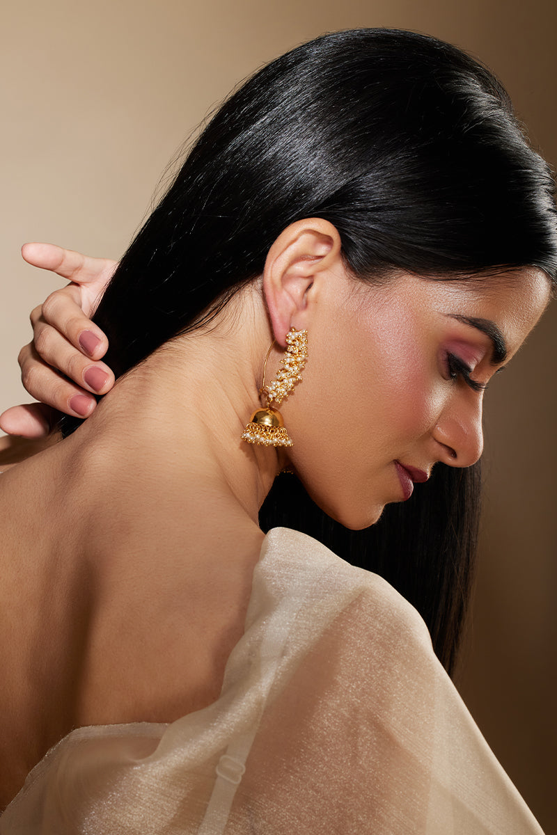 Gold Plated Gajra Pearl Hoop Jhumka