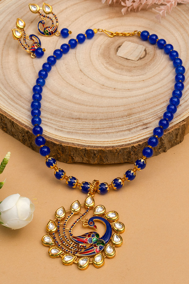 Blue Kundan Peacock Pendal Necklace Sets
