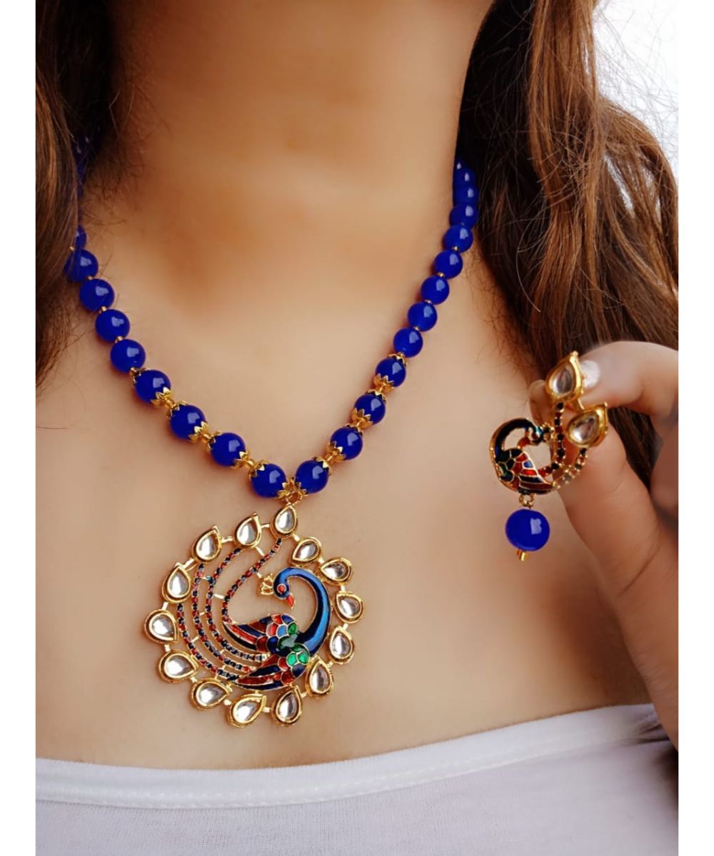 Blue Kundan Peacock Pendal Necklace Sets
