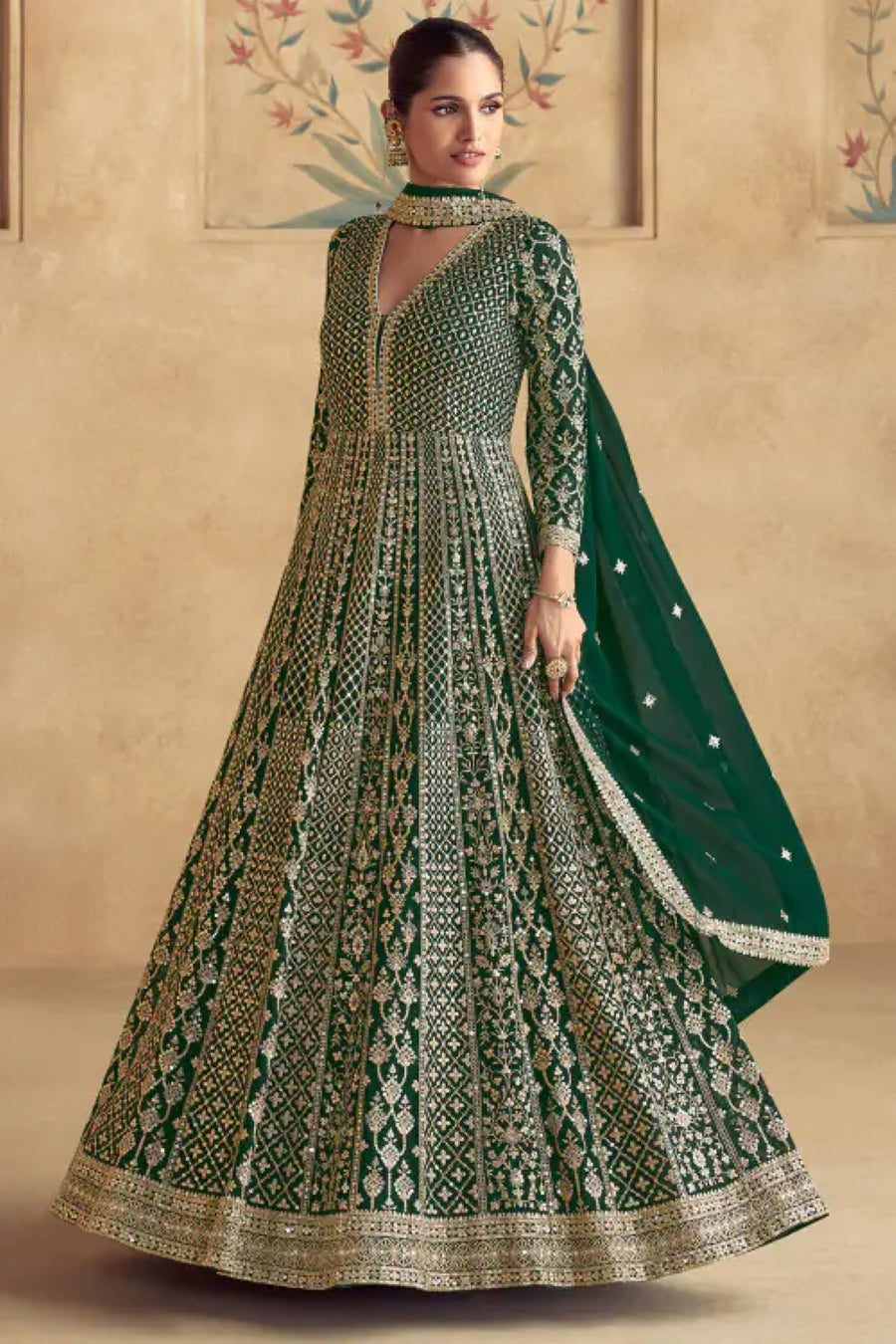 Green Viscose Velvet Embroidered Sequin Gown with Dupatta