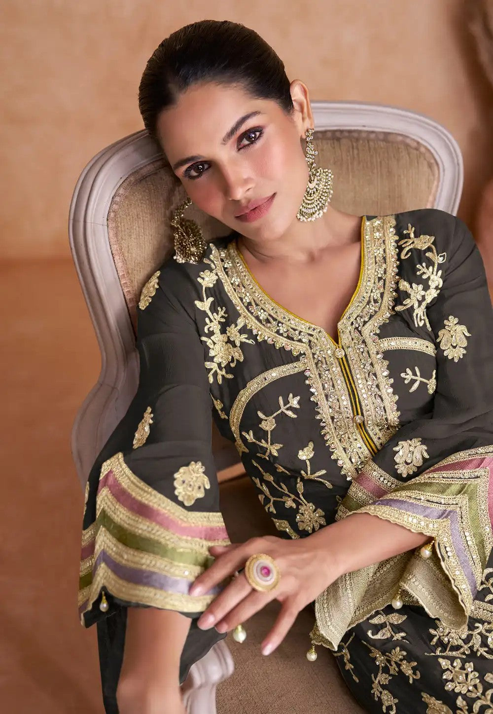 Black Heavy Chinnon Embroidered Sequin Kurta Pant Set with Dupatta