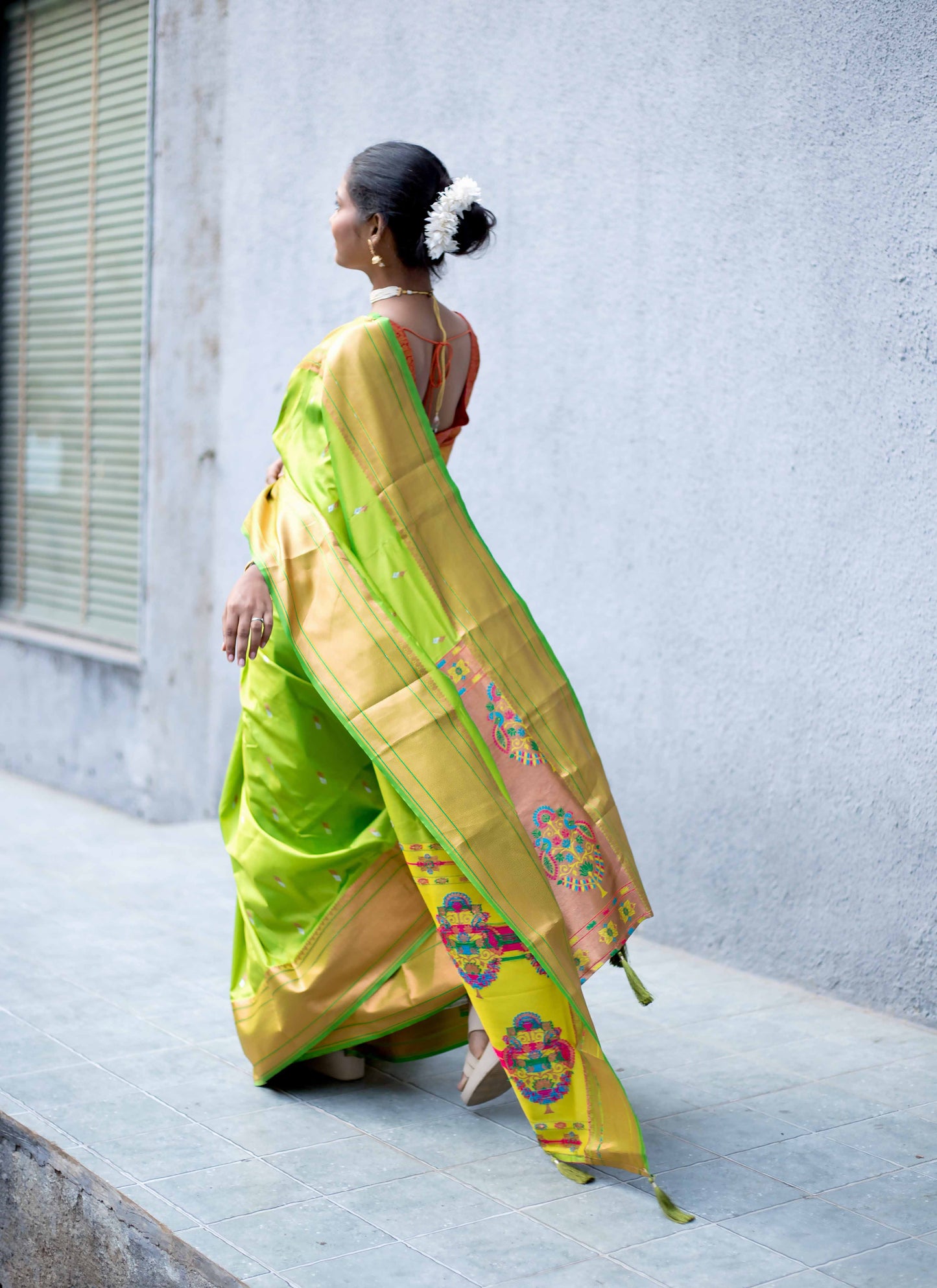 Lime Green Paithani Saree with Multicolor Zari Border