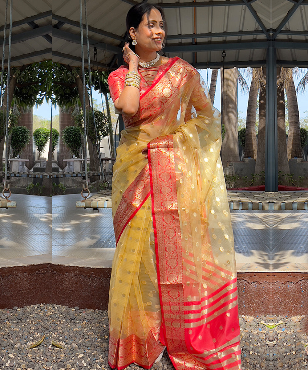 Golden Yellow & Red Organza Silk Saree