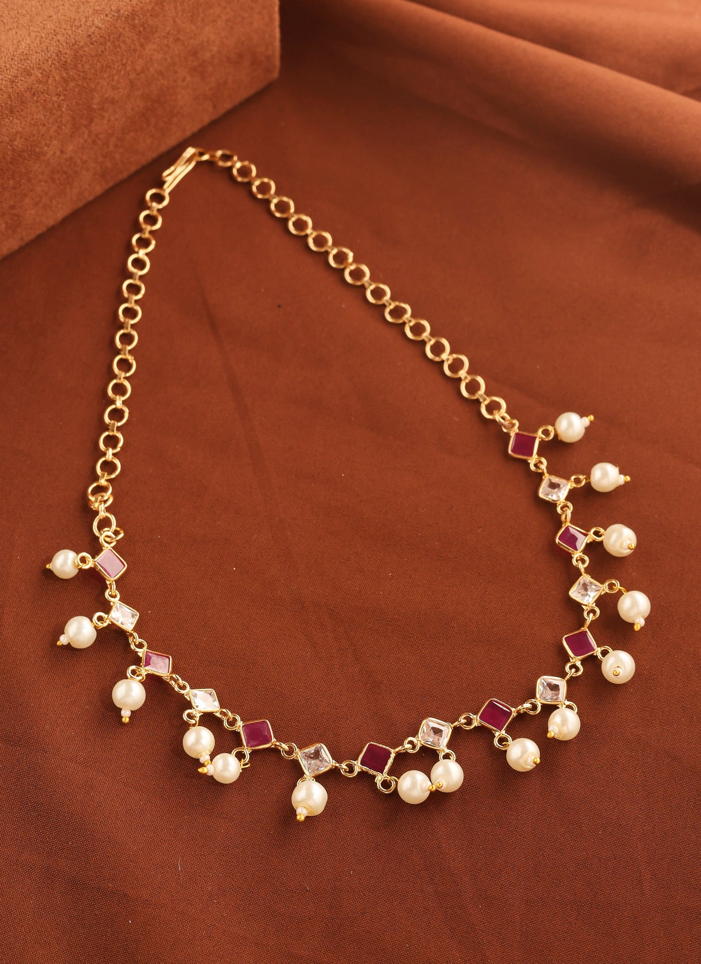 American Diamond Necklace with Pink Stones and Pearls