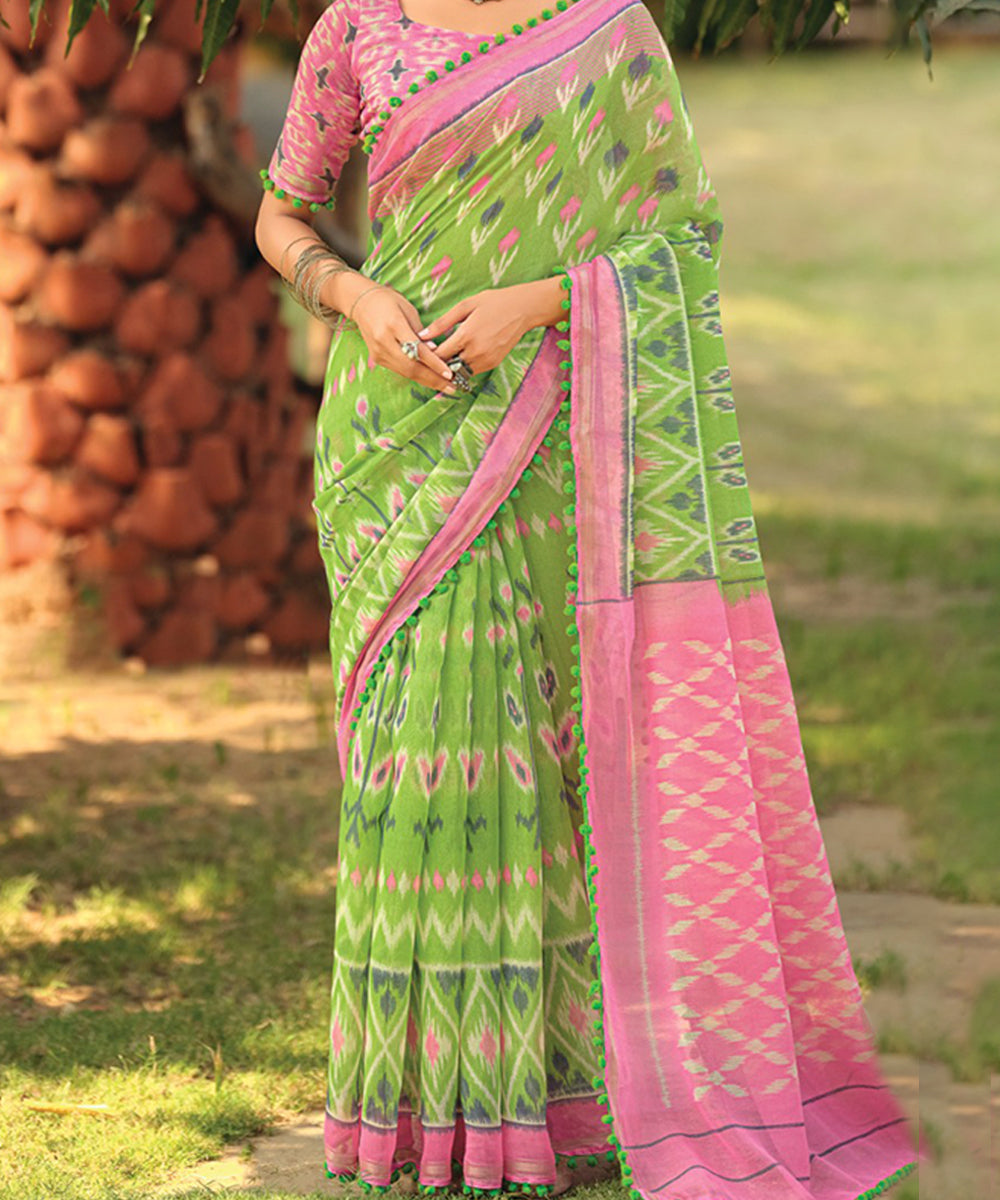 Green and Pink Ikat Print Cotton Saree with Pom-Pom Detailing