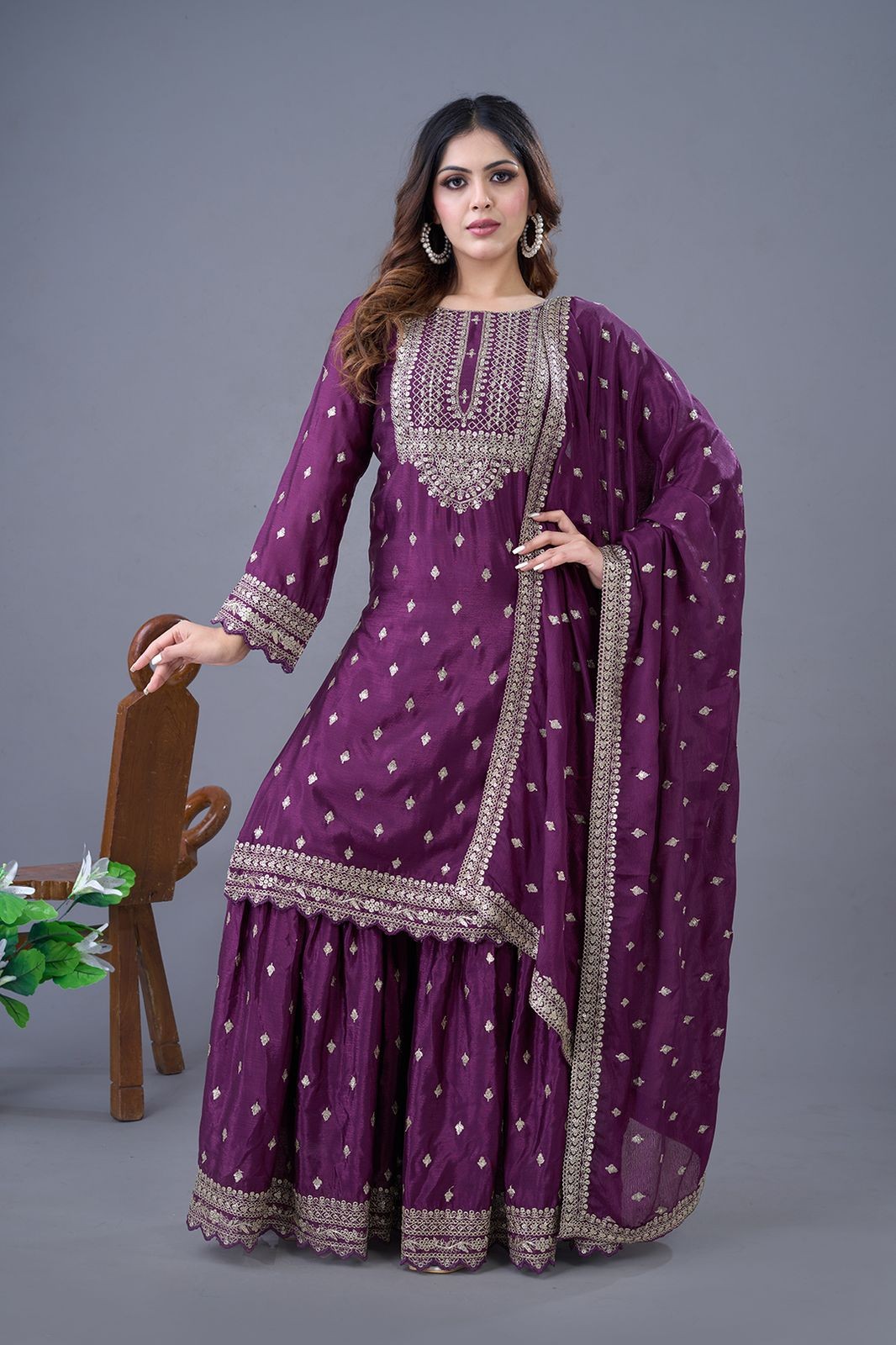 Wine Sequins Silk Blend Readymade Suit