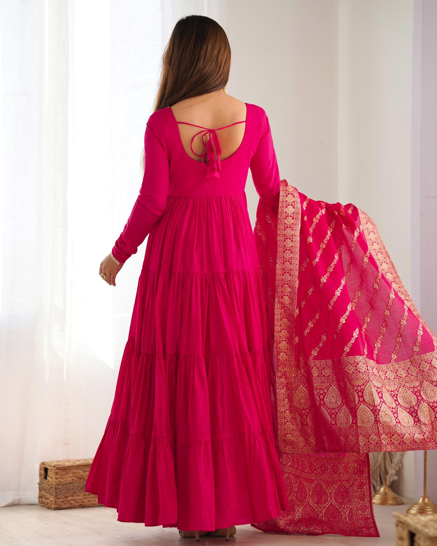 Hot Pink Chanderi Anarkali with Pant and Dupatta