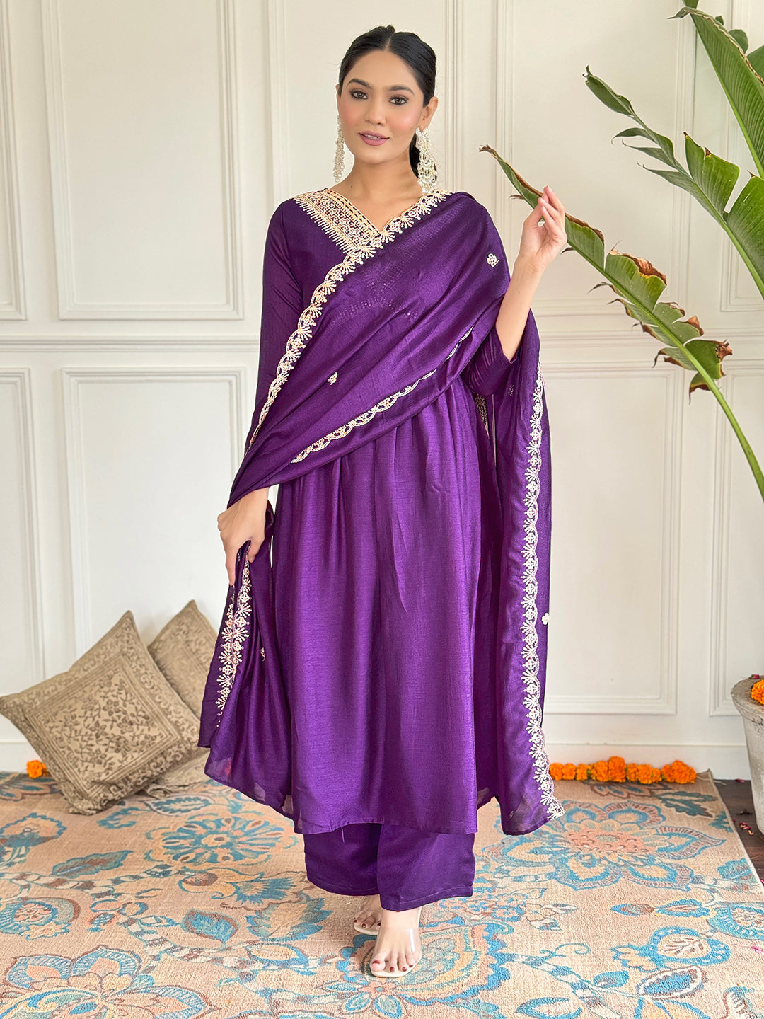 Embroidered Vichitra Silk Straight Kurta Pant Set with Dupatta